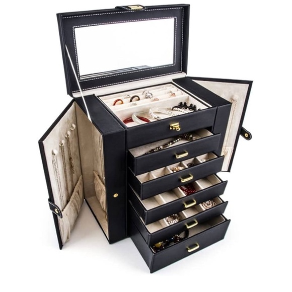 New $194 Black Leather Jewelry Box with Mirror 5 Drawers Side Compartments